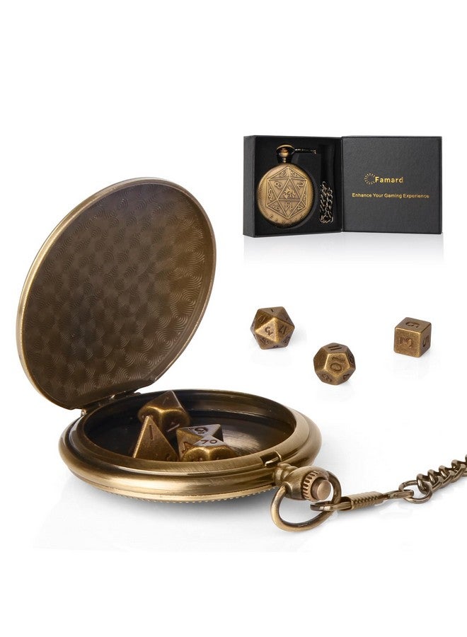 10Mm Tiny Dnd Dice Set With Vintage Pocket Watch Shell Case Polyhedral Metal D&D Dice Set Perfect For Dungeons And Dragons Gifts Rpg Mtg Gamerole Playing Board Games (Bronze)