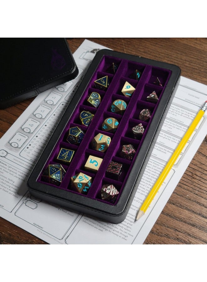Reliquary Large Divided Dice Case With Dice Tray For Polyhedral Dice Sets 21 Feltlined Chambers Magnetic Lid Closure Metal Dice Storage Box Purple