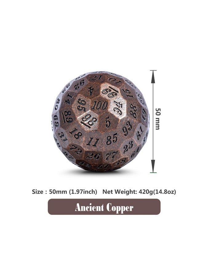 Ancient Copper Metal D100 Dice Single 100 Sided 50Mm Polyhedral Dice With Metal Case And Velvet Pouch(Ancient Copper With Black Number)