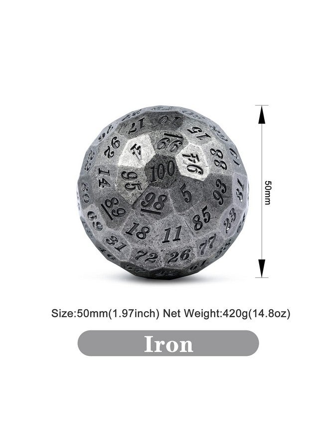 Iron D100 Metal Dice Set Single 50Mm 100 Sided Die With Metal Case And Velvet Pouch For Table Game Dungeons And Dragons (Iron With Black Number)