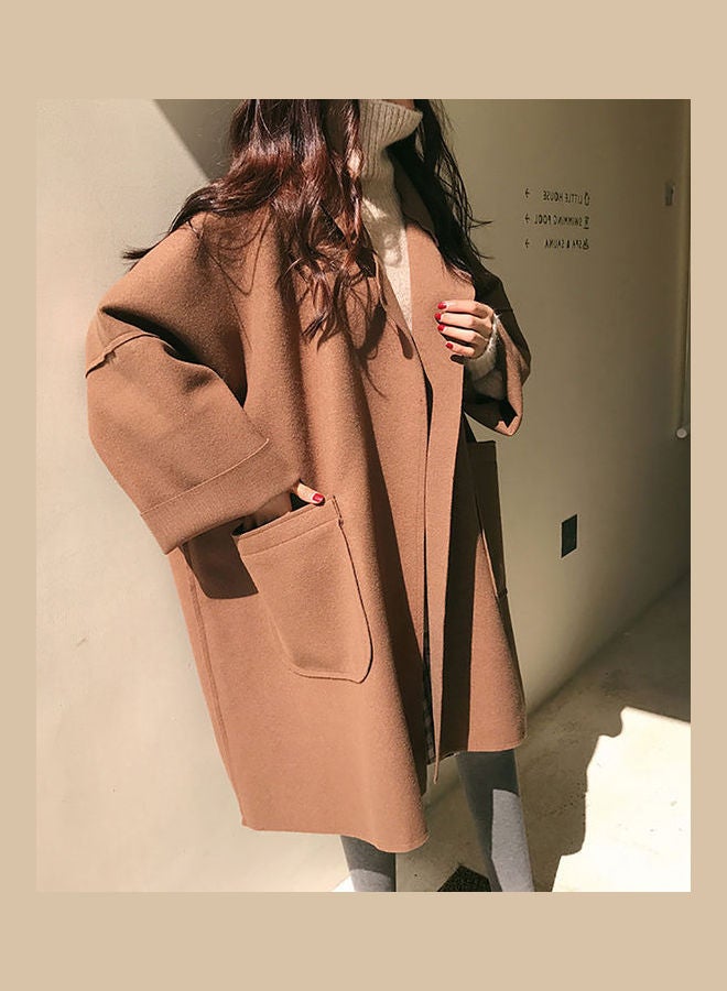 Loose Middle Long Lapel Jacket Overcoat Brown