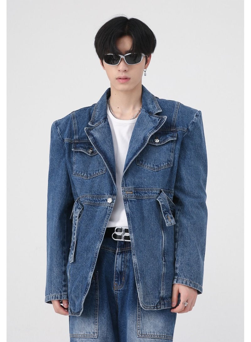 Men's RetroThree-dimensional Shoulder Pad Jean Jacket Strap Design Blue