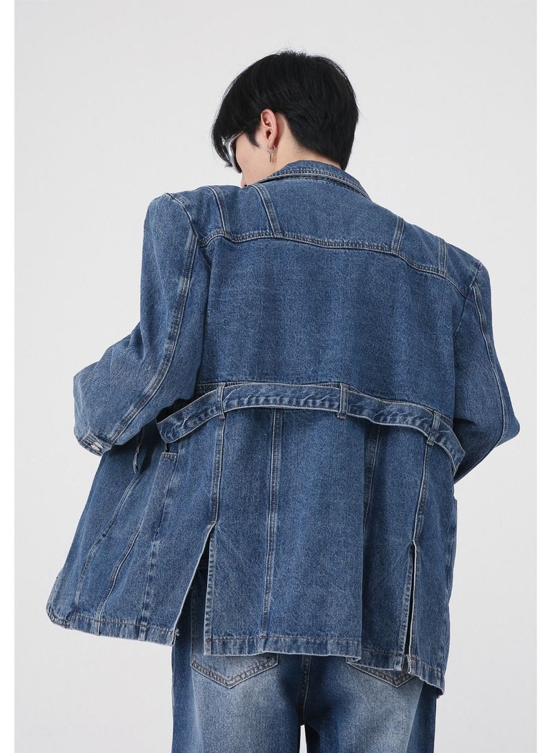 Men's RetroThree-dimensional Shoulder Pad Jean Jacket Strap Design Blue