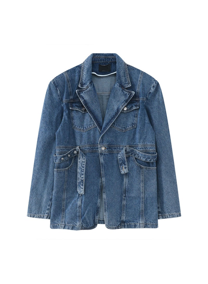 Men's RetroThree-dimensional Shoulder Pad Jean Jacket Strap Design Blue