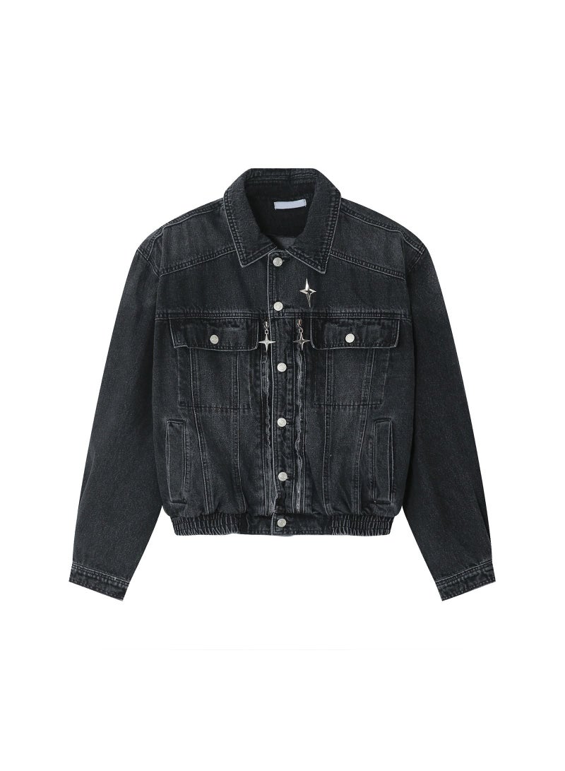 Men's Shoulder Pad Jacket Loose Waist Elastic Design Jean Jacket Black