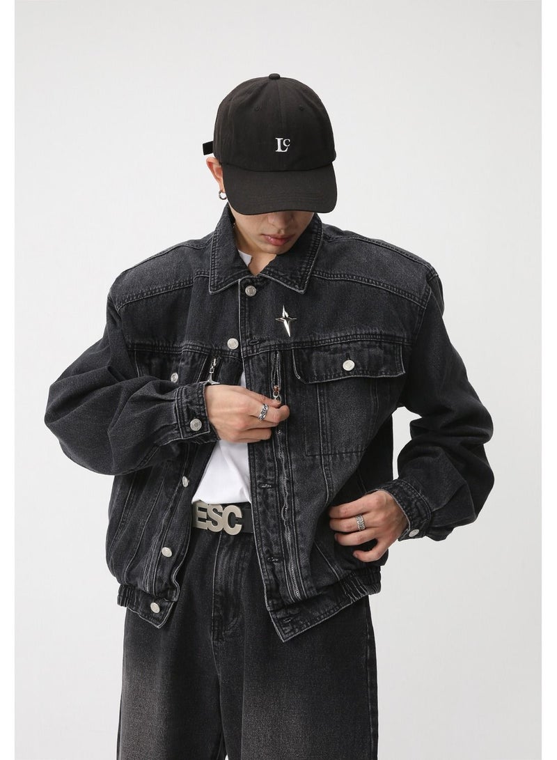 Men's Shoulder Pad Jacket Loose Waist Elastic Design Jean Jacket Black
