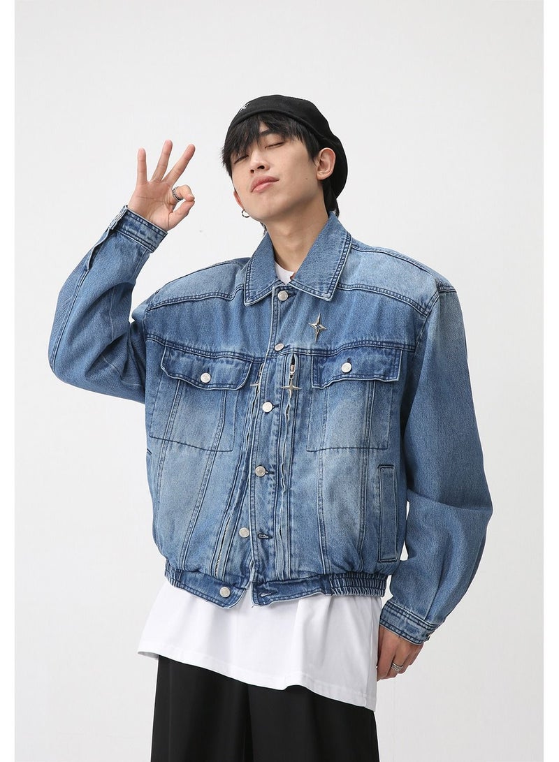 Men's Shoulder Pad Jacket Loose Waist Elastic Design Jean Jacket Blue