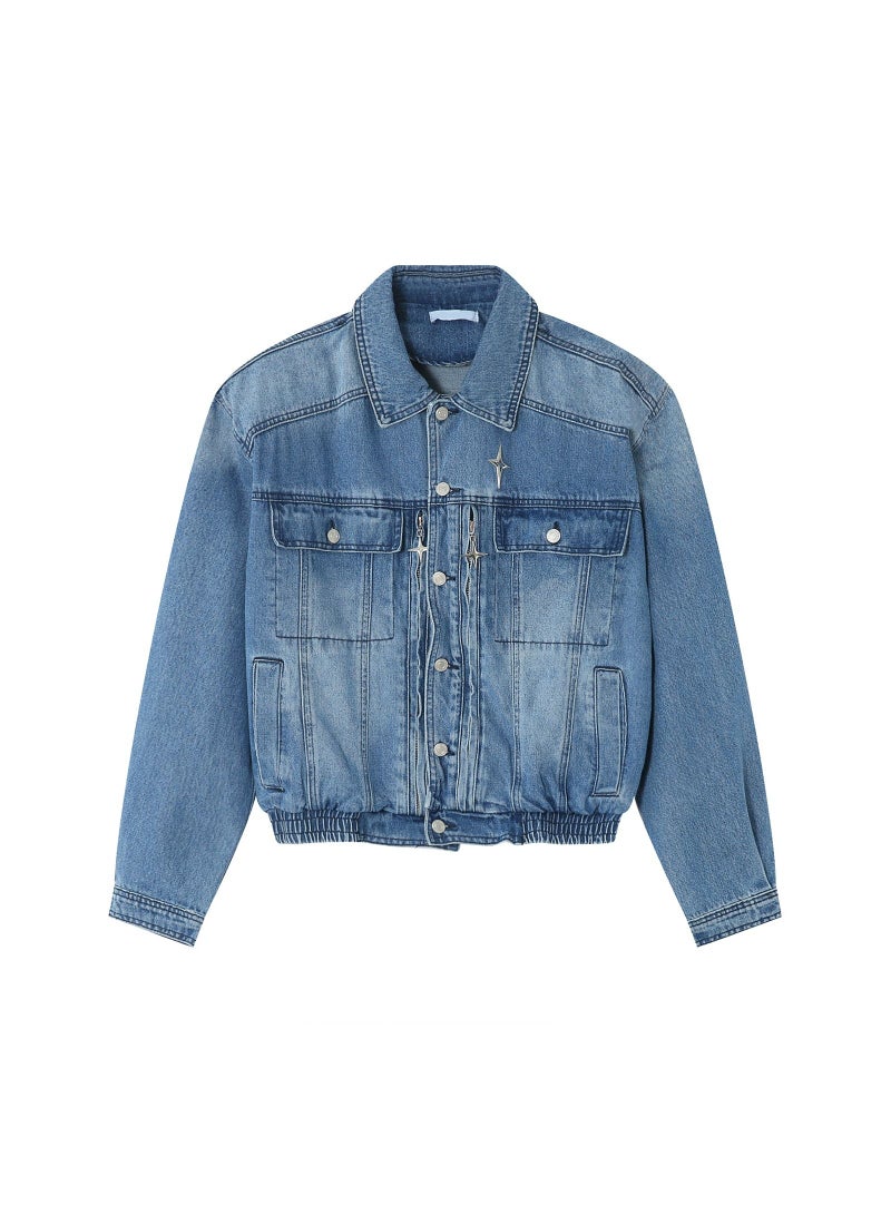 Men's Shoulder Pad Jacket Loose Waist Elastic Design Jean Jacket Blue