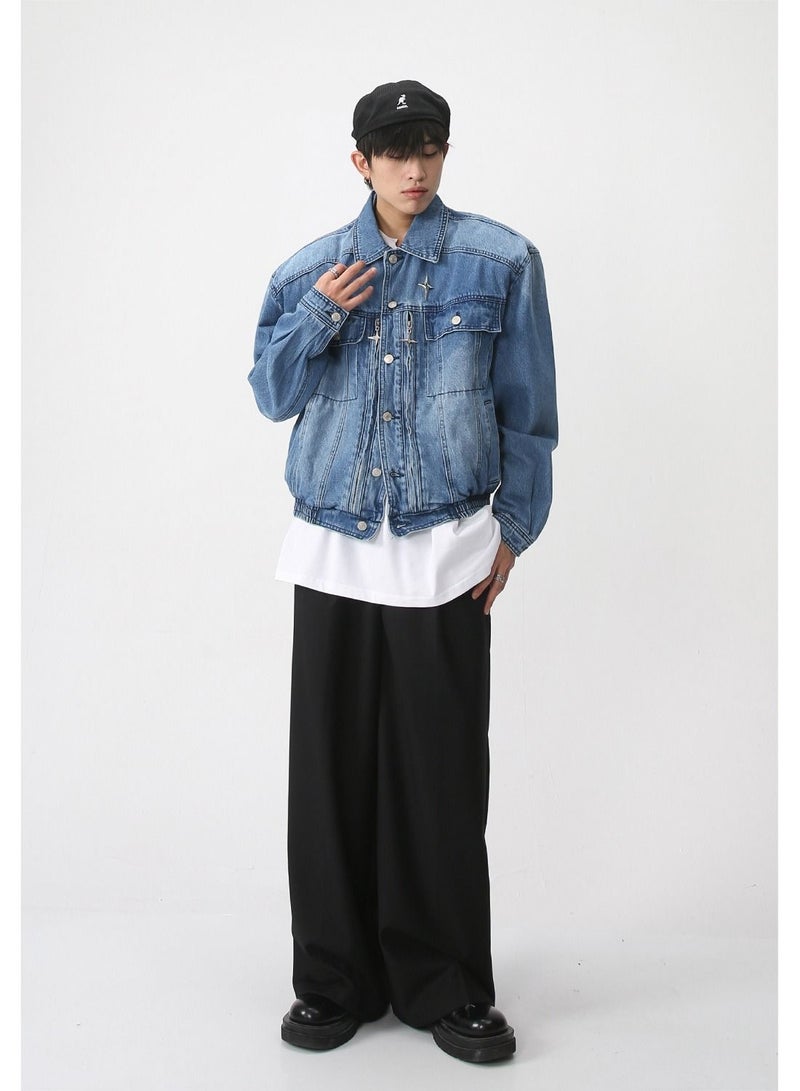 Men's Shoulder Pad Jacket Loose Waist Elastic Design Jean Jacket Blue
