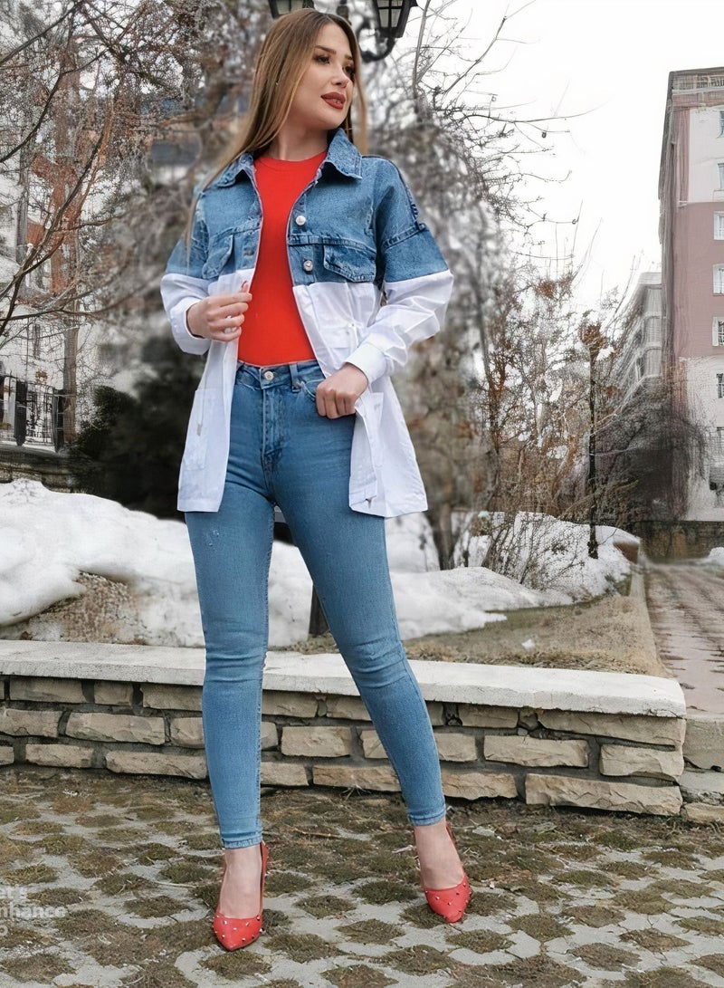 Women's Fashion Denim Coat Classic Stand Collar Long Sleeve Jacket