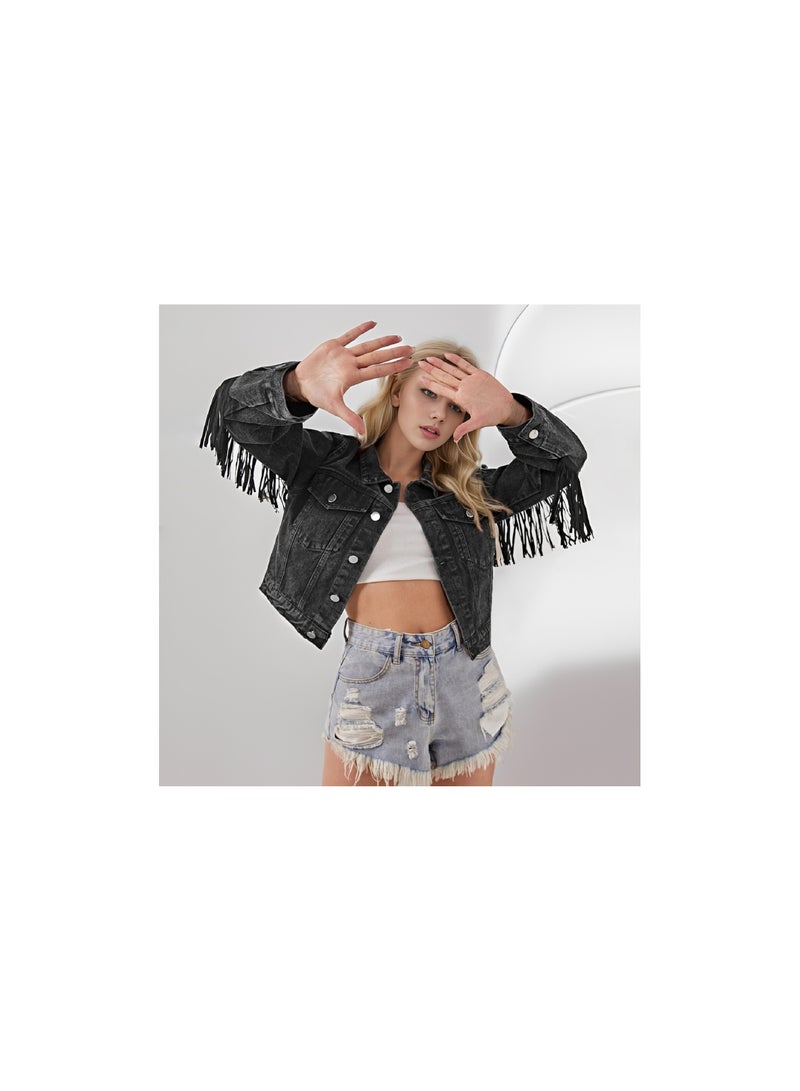 Squality Leisure Tassels Denim Short Jacket Women Black