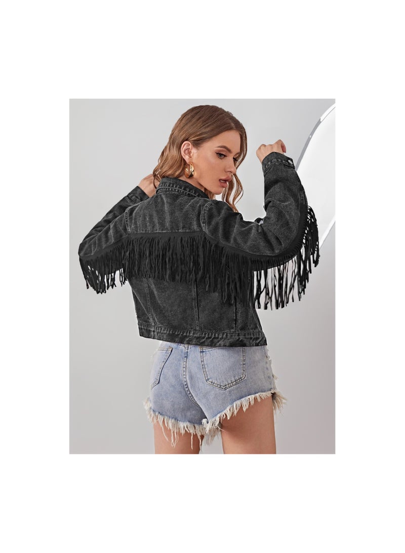 Squality Leisure Tassels Denim Short Jacket Women Black