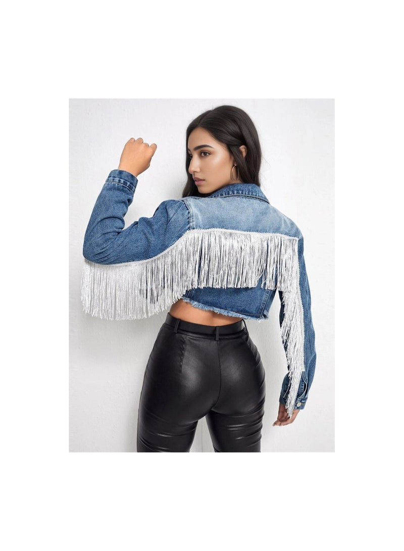 Squality Leisure Tassels Denim Short Jacket Women Dark Blue