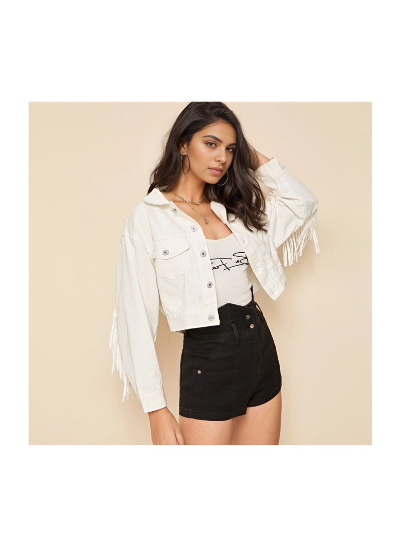 Squality Leisure Tassels Denim Short Jacket Women White