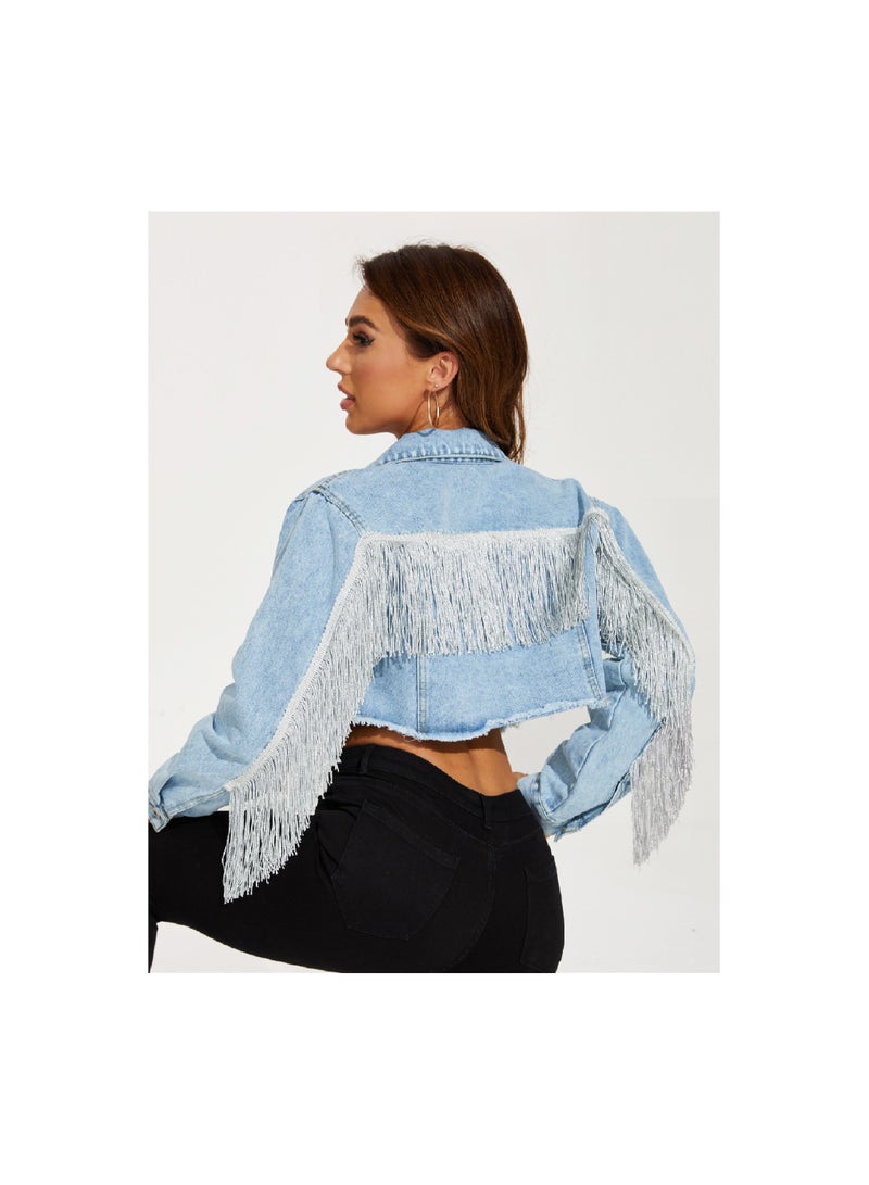 Squality Leisure Tassels Denim Short Jacket Women Light Blue