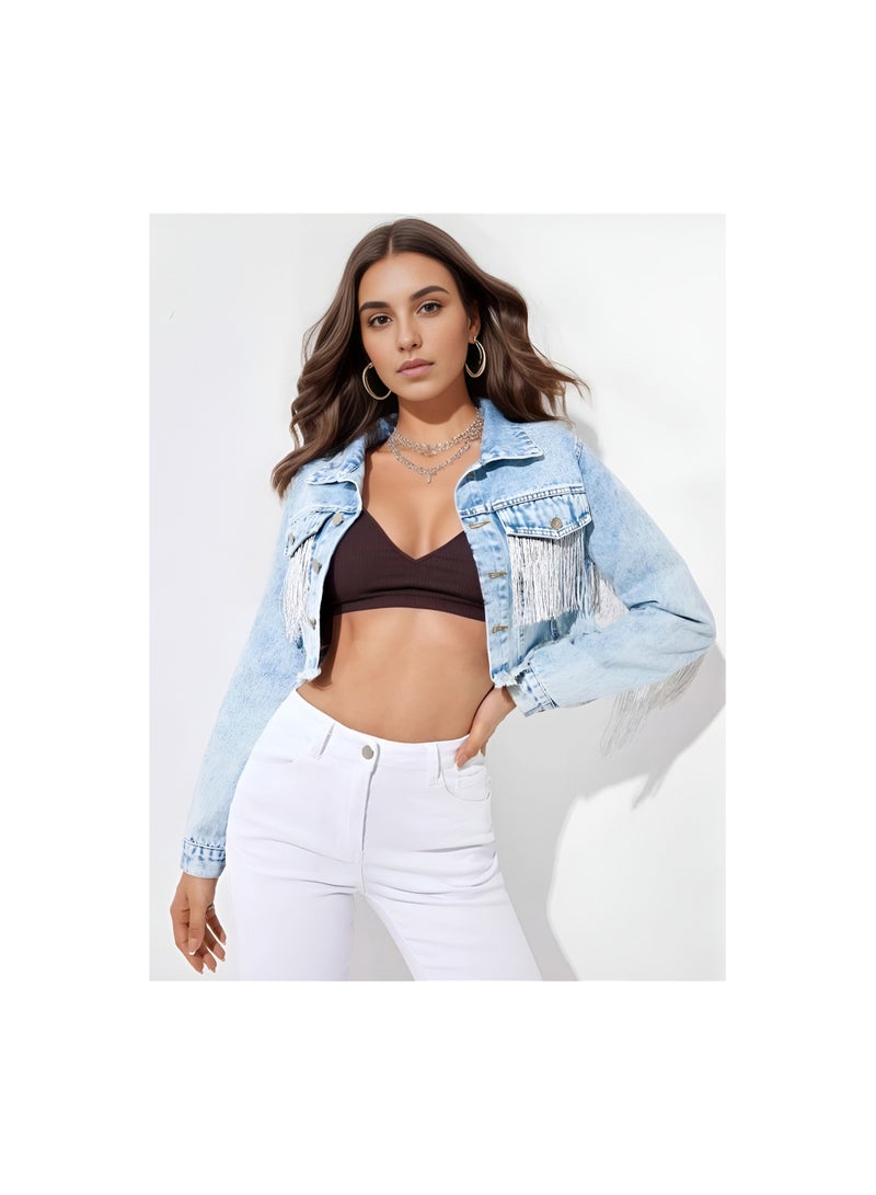 Squality Leisure Tassels Denim Short Jacket Women Light Blue