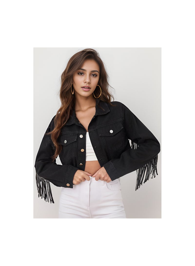 Squality Leisure Tassels Denim Short Jacket Women Black