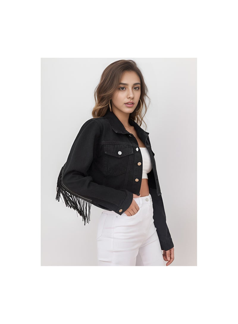 Squality Leisure Tassels Denim Short Jacket Women Black