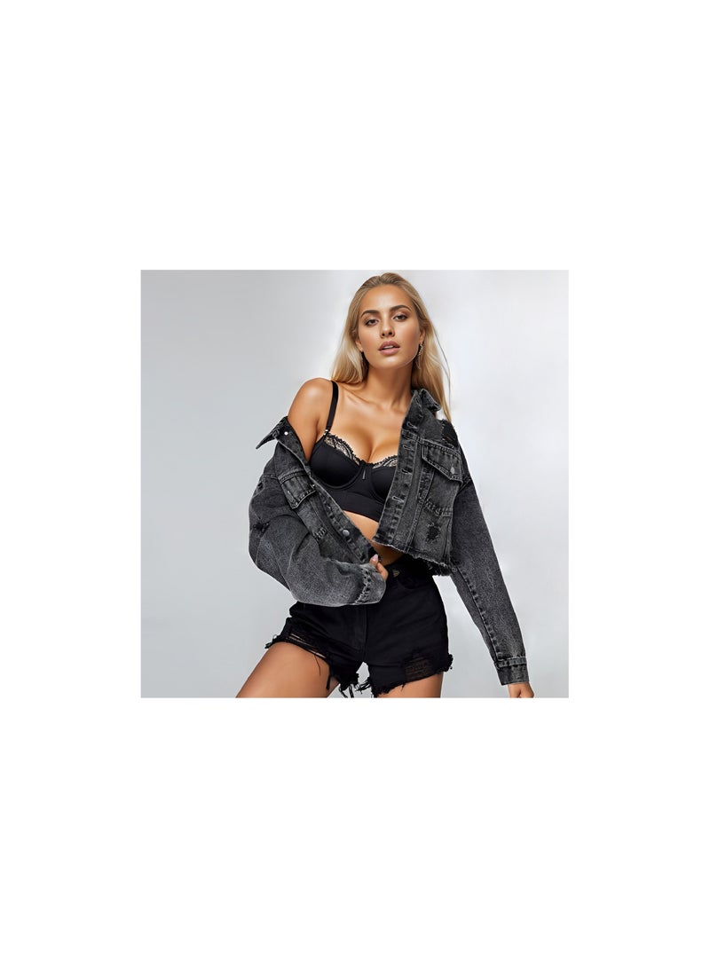 Squality Leisure Tassels Denim Short Jacket Women Black