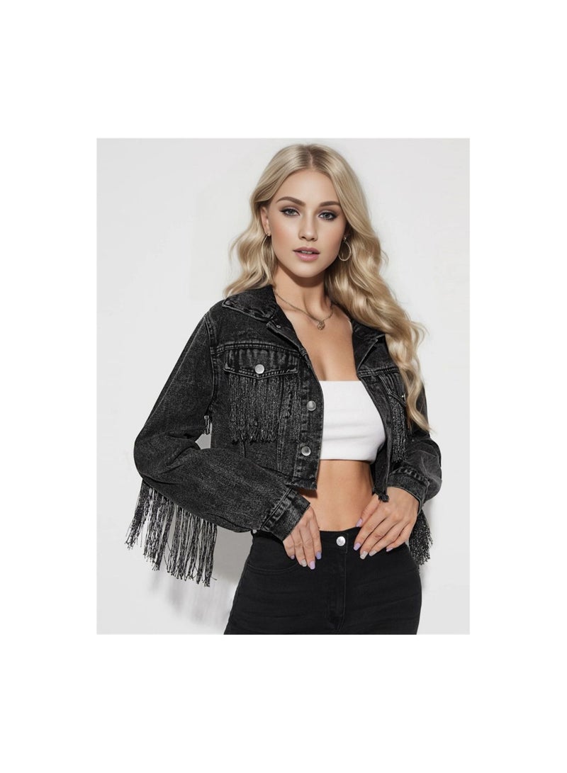 Squality Leisure Tassels Denim Short Jacket Women Black