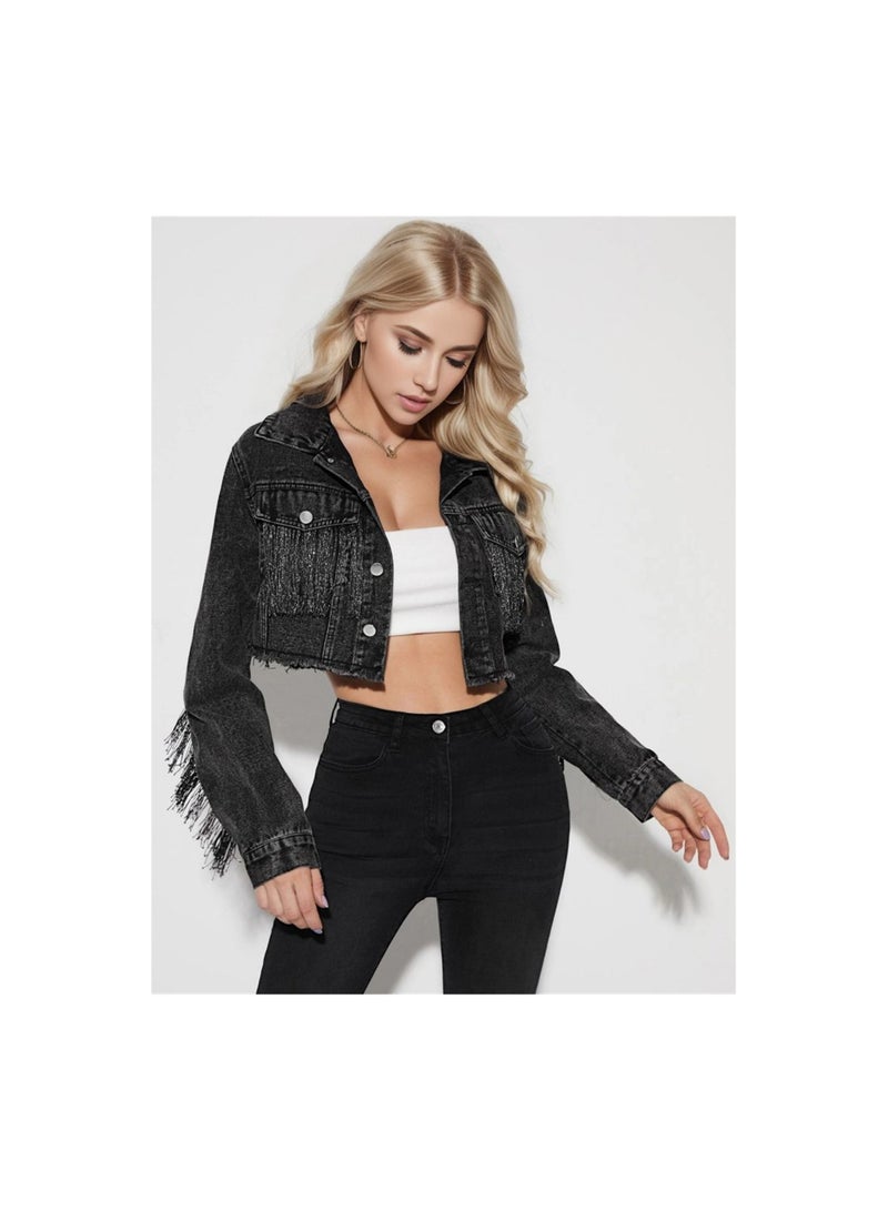 Squality Leisure Tassels Denim Short Jacket Women Black