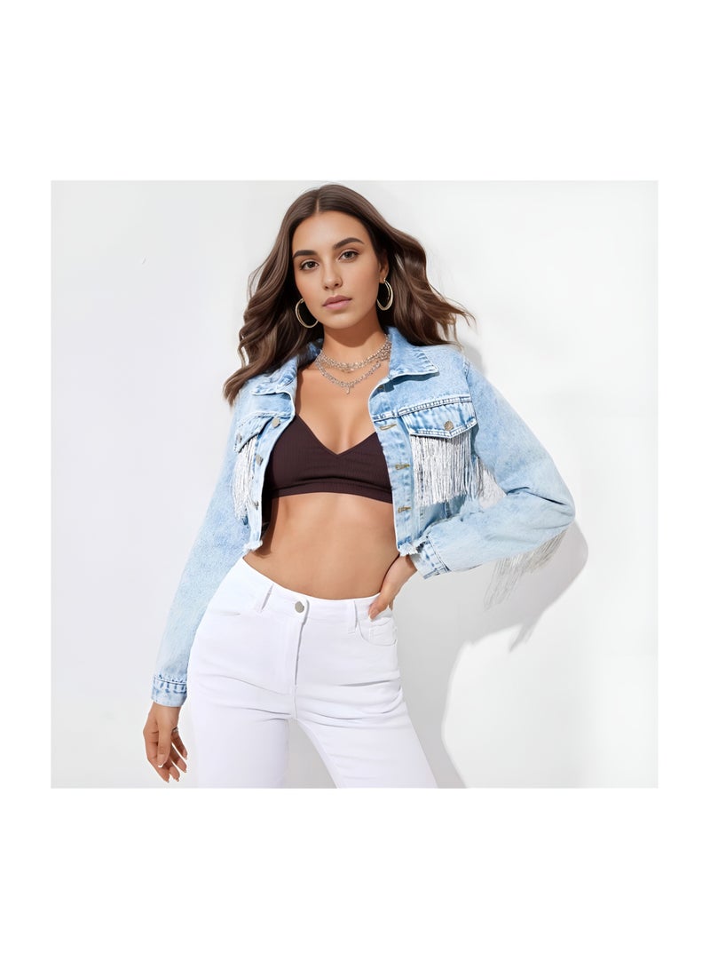 Squality Leisure Tassels Denim Short Jacket Women Light Blue