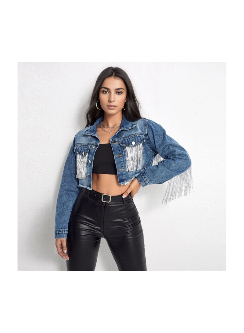 Squality Leisure Tassels Denim Short Jacket Women Dark Blue