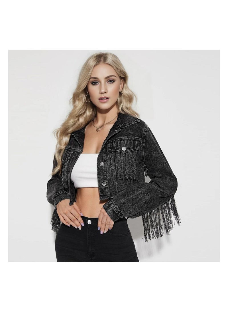 Squality Leisure Tassels Denim Short Jacket Women Black