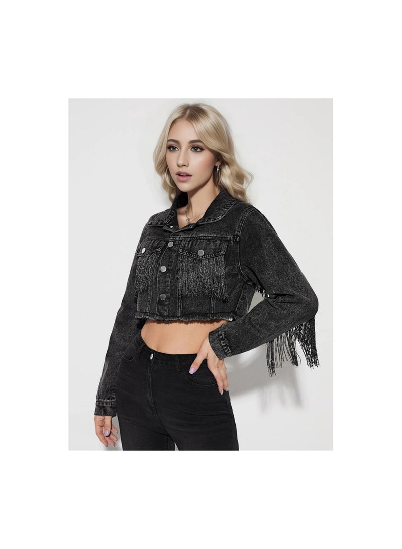 Squality Leisure Tassels Denim Short Jacket Women Black