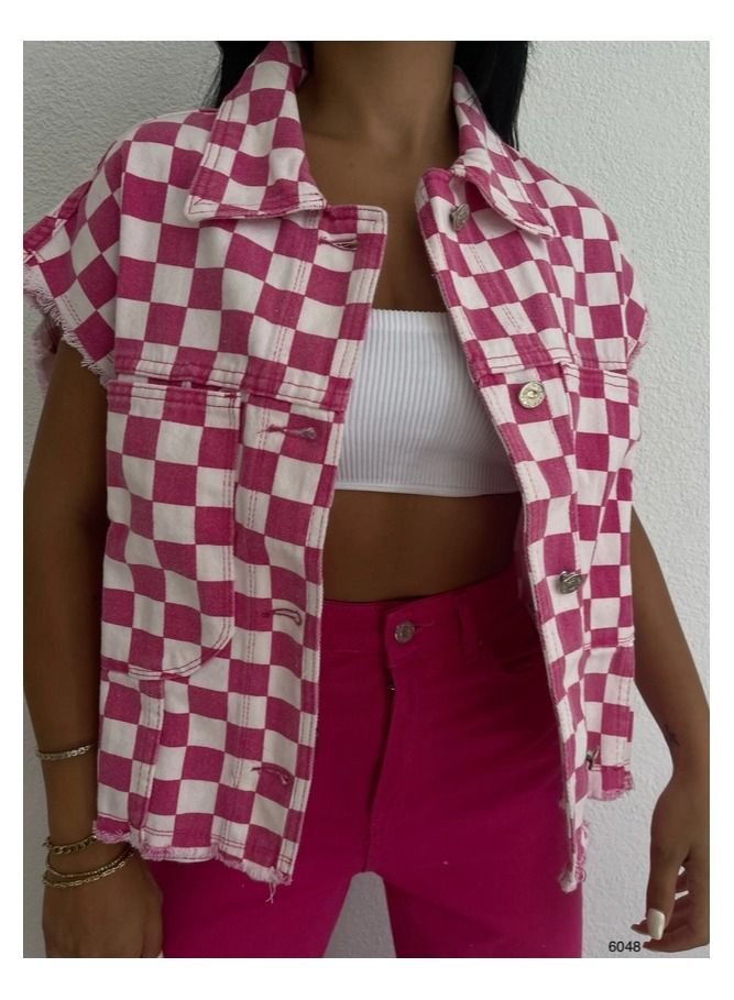 Pink and White Denim Vest