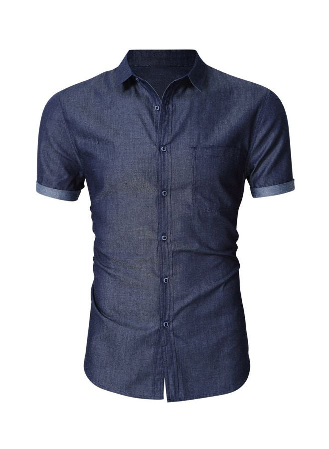 Turn-Down Collar Short Sleeves Shirt Dark Blue Two