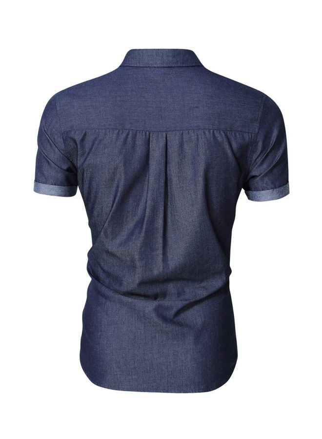 Turn-Down Collar Short Sleeves Shirt Dark Blue Two