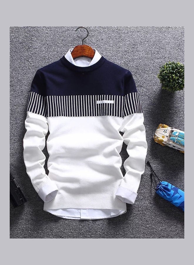 Color Block Stripe Knitted Pullover White/Blue