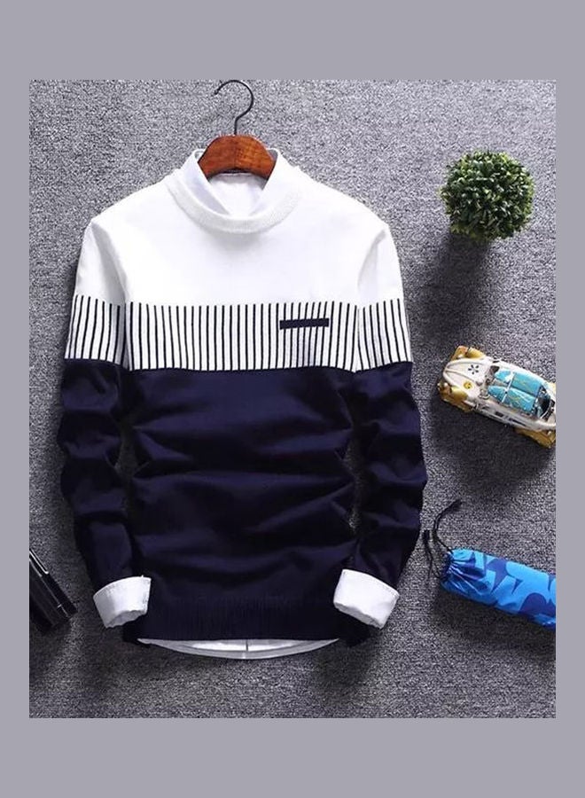 Color Block Stripe Knitted Pullover White/Blue