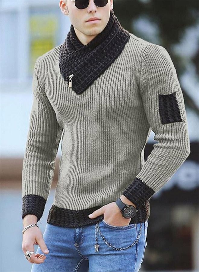 Men's Scarf Collar Pullover Sweater