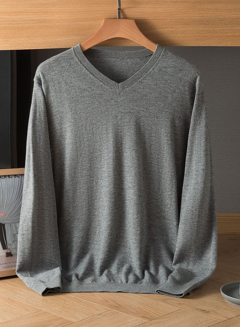 Men's Winter Pure Wool Solid Color V-neck Sweater