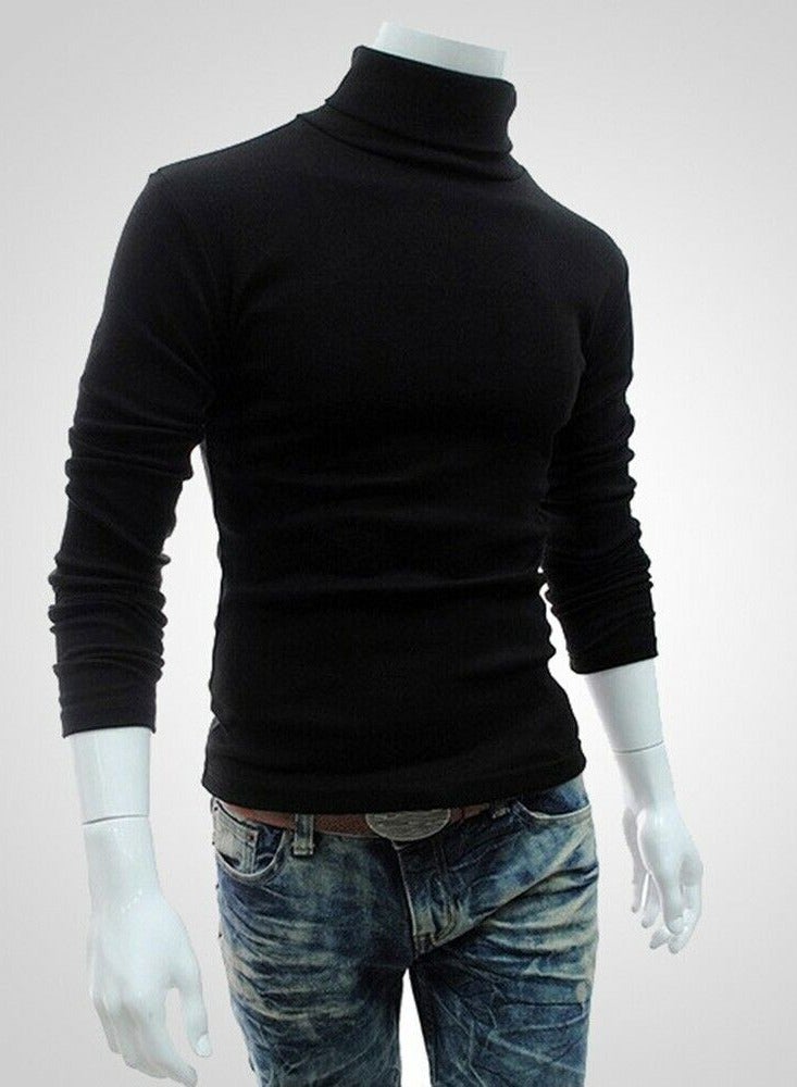 Men Fashion Solid Colour Long Sleeve Turtleneck Sweater Slim Fit Knitted Pullover Black