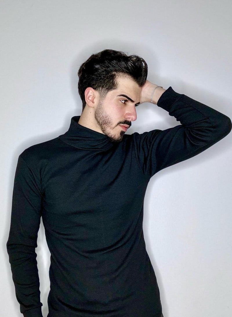 Men Fashion Solid Colour Long Sleeve Turtleneck Sweater Slim Fit Knitted Pullover Black