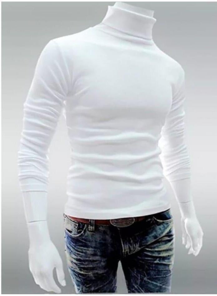 Men Fashion Solid Colour Long Sleeve Turtleneck Sweater Slim Fit Knitted Pullover White