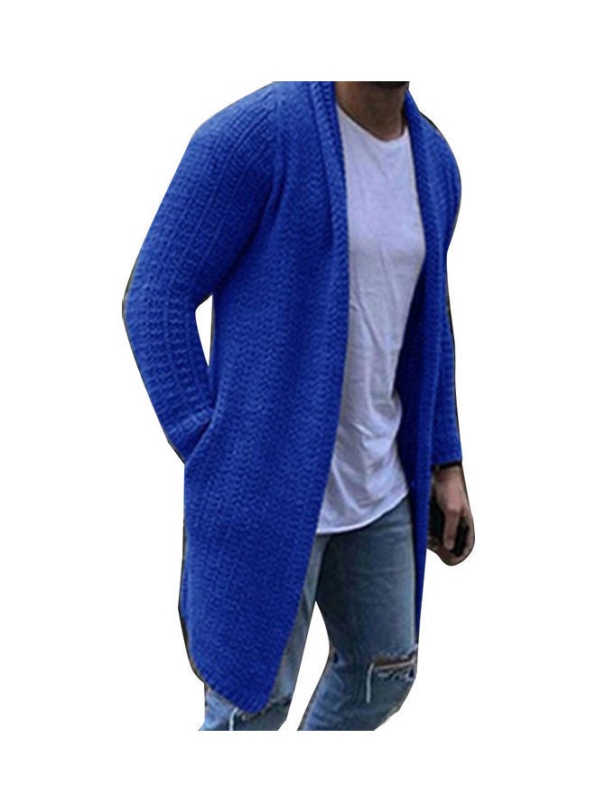 Fashion Men Solid Colour Open Front Knit Sweater Coat Loose Pocket Long Cardigan Blue