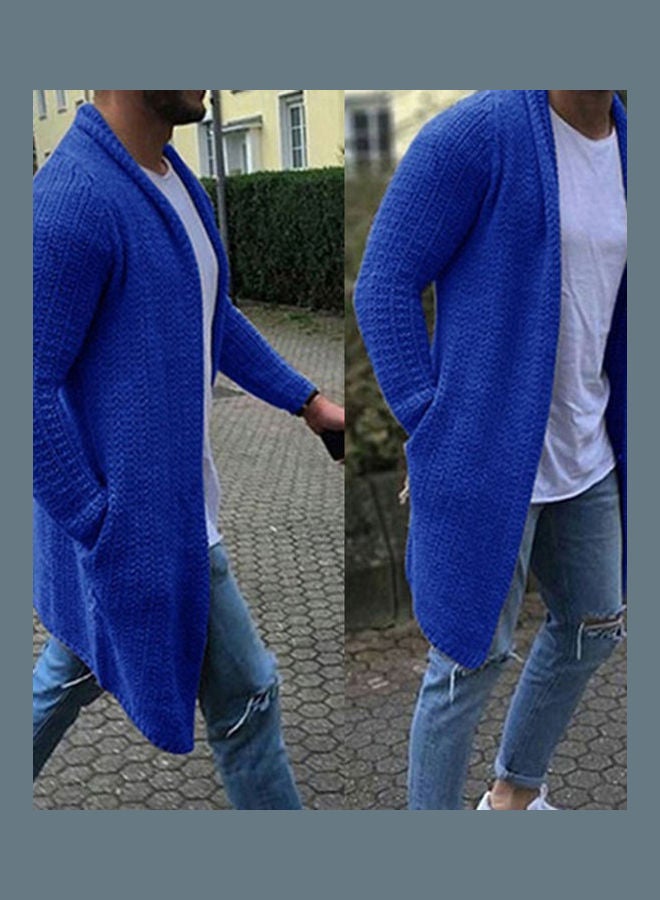 Fashion Men Solid Colour Open Front Knit Sweater Coat Loose Pocket Long Cardigan Blue