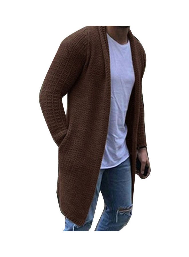 Fashion Men Solid Colour Open Front Knit Sweater Coat Loose Pocket Long Cardigan Brown