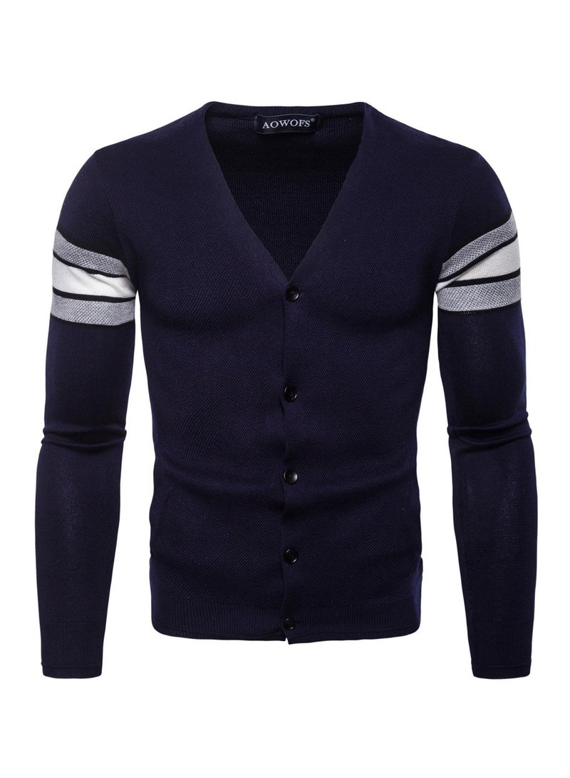 Slim Fit Long Sleeve Cardigan Navy Blue/White/Grey