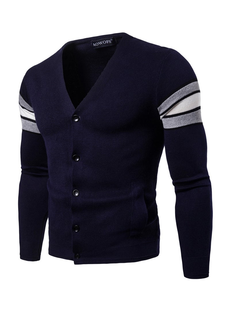 Slim Fit Long Sleeve Cardigan Navy Blue/White/Grey