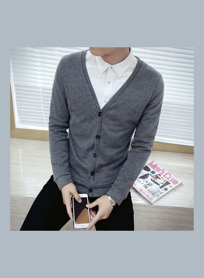 Cardigan V-collar Sweater Thin Fashion Handsome Knitwear Casual Dark Gray