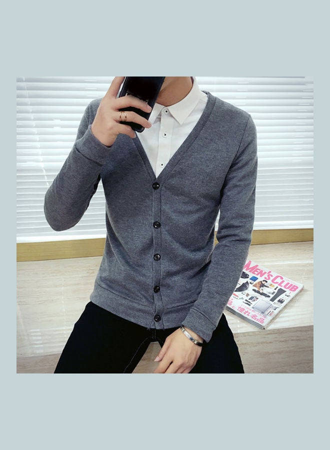 Cardigan V-collar Sweater Thin Fashion Handsome Knitwear Casual Dark Gray