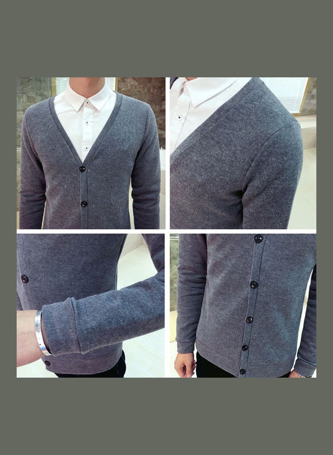 Cardigan V-collar Sweater Thin Fashion Handsome Knitwear Casual Dark Gray