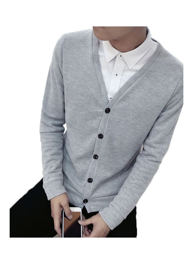 Cardigan V-Collar Sweater Thin Fashion Handsome Knitwear Casual Light Grey