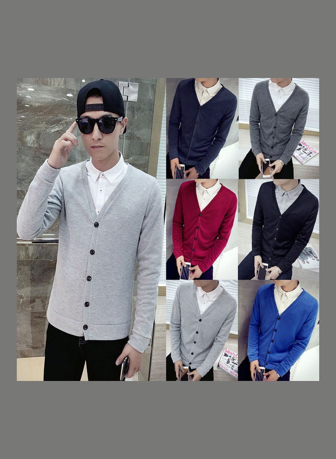 Cardigan V-Collar Sweater Thin Fashion Handsome Knitwear Casual Light Grey