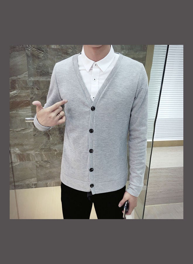 Cardigan V-Collar Sweater Thin Fashion Handsome Knitwear Casual Light Grey